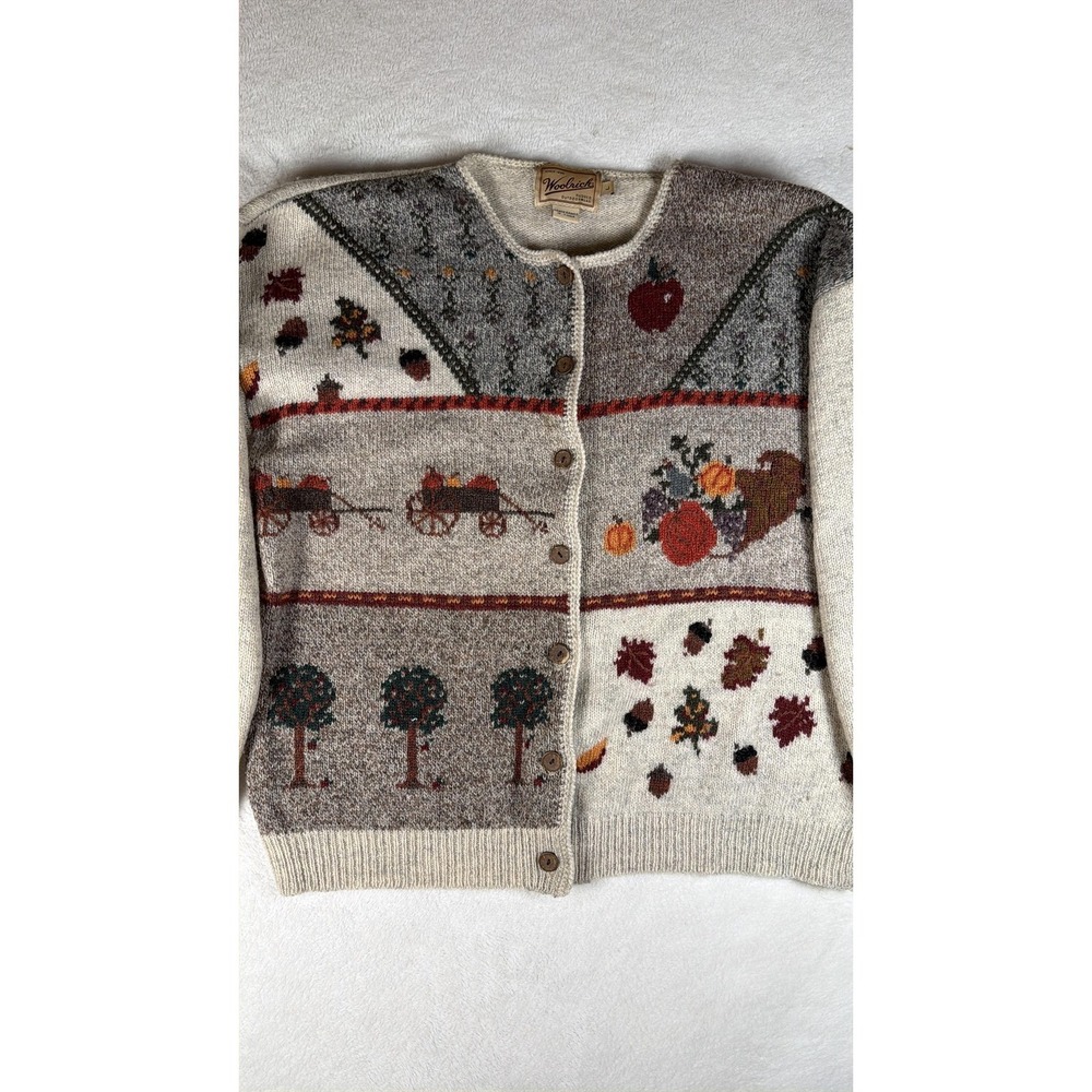 Woolrich Cardigan Sweater Womens Large Beige 100% Wool Fall Harvest Apple Knit - Picture 2 of 16